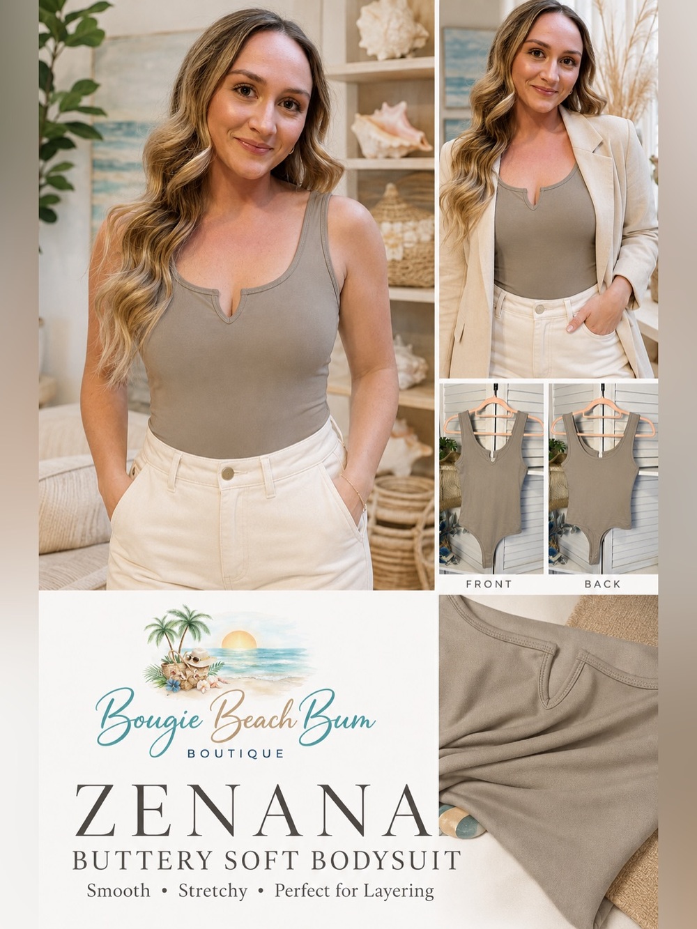 Zenana Outfitters Buttery Soft Bandeau Bodysuit in Taupe